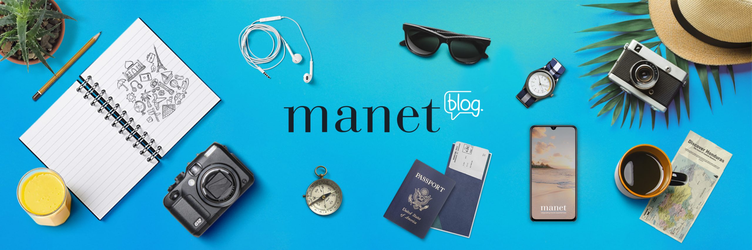 Manet Blog logo surrounded by travel tools